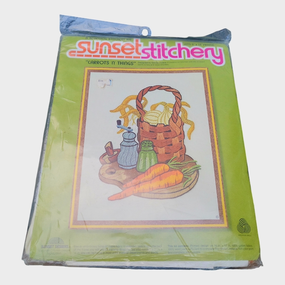 Vintage 1986 Sunset Stitchery Carrots 'N' Things Crewel Art Kit 11" x 14"